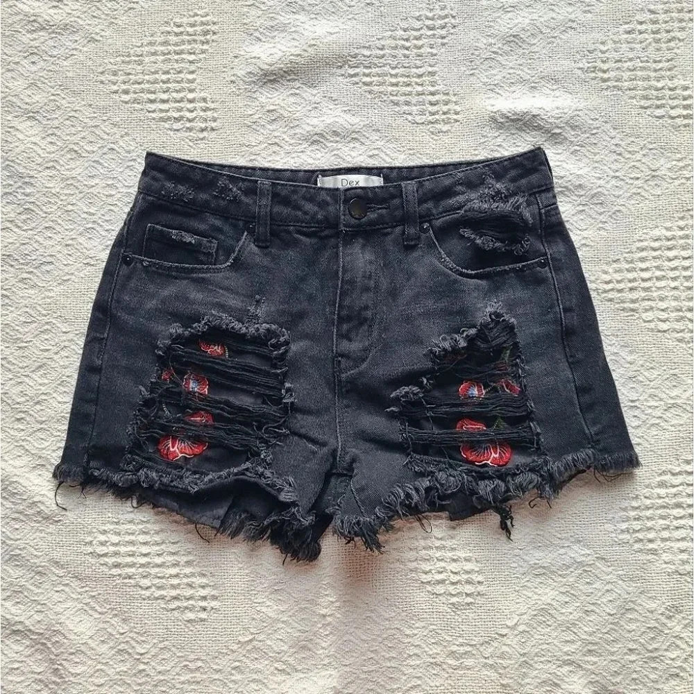 Dex, Distressed Cutoffs with Peekaboo Rose Embroidered Pockets.
